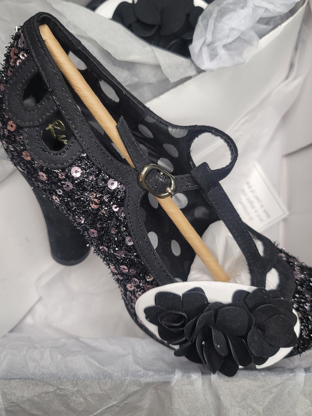 Black VALERIE Sequin T-Strap Heels with Floral Accent